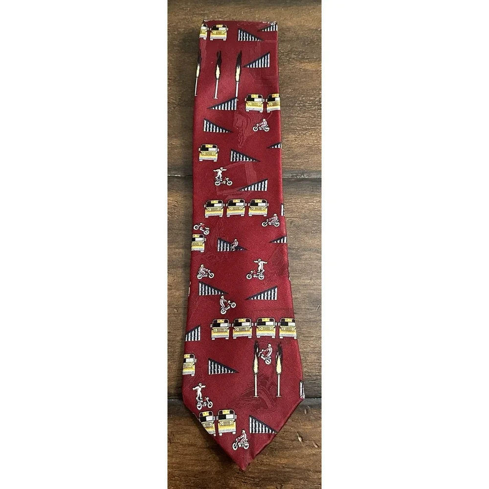 After Dark Daredevil Stunt Novelty Tie‎ Motorcycle School Bus Flames Red Silk